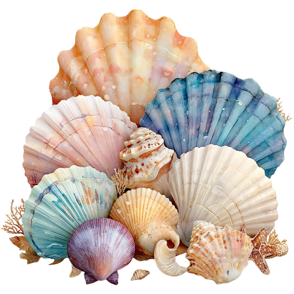 seashells, coastal, nautical, ocean, beach, underwater, marine life, starfish, coral, shells, peach, coral pink, dusty blue, navy blue, teal, lavender, purple, cream, white, pastel colors, watercolor, botanical, sea creatures, summer, tropical, elegant, whimsical, nature-inspired, decorative panel, home décor
