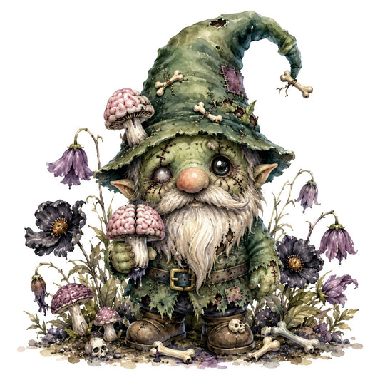 whimsical gnome, forest green, dusty purple, sage green, mushroom, gothic fantasy, dark fantasy, woodland, nature, flowers, skull, bones, cottage core, dark academia, mushrooms with pink caps, wilting flowers, vintage illustration, storybook art, character panel, halloween, autumn, fantasy creatures, magical, dark whimsical, pointed hat, woodland gnome, dead flowers, gothic botanical, earthy tones, cream white