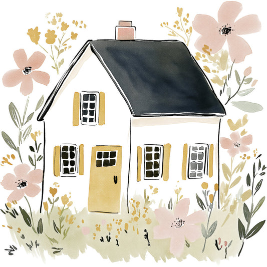 cottage core, floral, flowers, house, home, botanical, nature, spring, pastels, blush pink, dusty rose, cream, charcoal gray, golden yellow, whimsical, rustic, farmhouse, cottage, watercolor, illustrated, leaves, foliage, wildflowers, garden, countryside, sweet home, panel, wall hanging, decorative, illustration