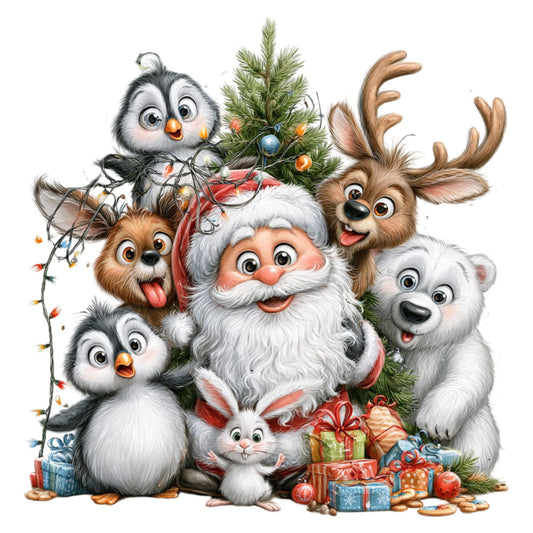 christmas, holiday, santa, reindeer, owl, penguin, polar bear, rabbit, winter animals, festive, whimsical, children's, red, white, cream, forest green, orange, gold, cute, playful, gift boxes, christmas tree, presents, decorative, family-friendly, nursery, winter theme, magical, joyful