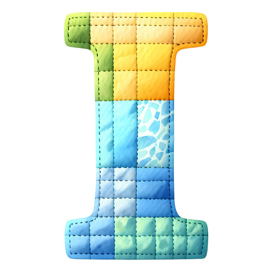 letter i, alphabet, quilted, patchwork, gradient, ombre, color block, lime green, yellow, orange, light blue, navy blue, turquoise, seafoam green, educational, learning, monogram, geometric, modern, whimsical, children's, baby, playful, bright, vibrant, multi-color, rainbow gradient, instructional, nursery