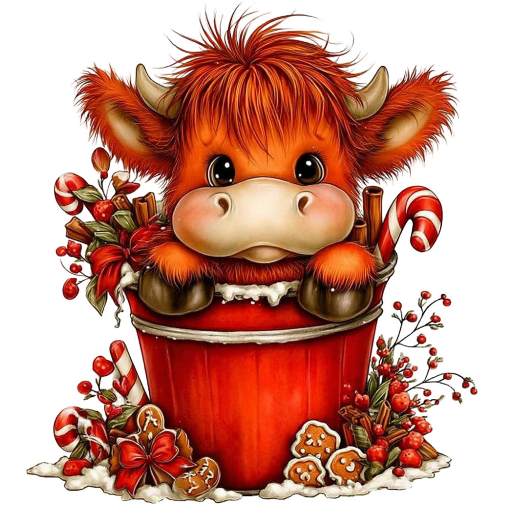 red, orange, cream, burgundy, candy cane, festive, christmas, holiday, winter, cute animals, cow, highland cattle, whimsical, folk art, rustic, farmhouse, gingerbread, peppermint, berries, floral, nature, gingerbread cookies, poinsettia, snow, cozy, traditional, warm tones, christmas panel, decorative, magical