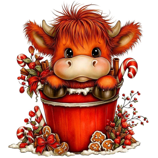 red, orange, cream, burgundy, candy cane, festive, christmas, holiday, winter, cute animals, cow, highland cattle, whimsical, folk art, rustic, farmhouse, gingerbread, peppermint, berries, floral, nature, gingerbread cookies, poinsettia, snow, cozy, traditional, warm tones, christmas panel, decorative, magical