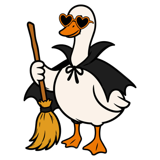 halloween, witch, broomstick, black, cream, orange, heart shaped sunglasses, whimsical, fun, playful, animals, birds, duck, goose, holiday, spooky, costume, magical, quirky, autumn, fall, novelty, cartoon style, children, kids, festive, character, humorous, retro, cute
