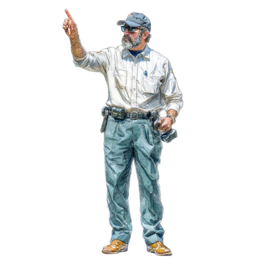 man, male figure, portrait, americana, workwear, blue jeans, light blue shirt, denim, tan boots, cap, beard, work clothes, vintage, rustic, Americana theme, people, figures, occupational, workers, blue and tan, neutral colors, cream colored shirt, realistic illustration, detailed art, character design, Americana aesthetic, heritage, traditional