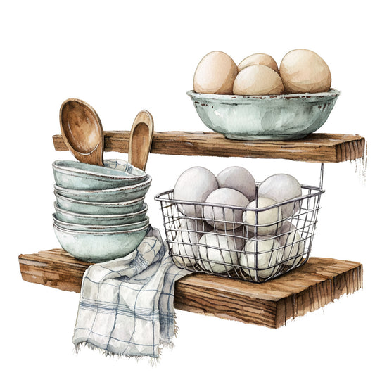 country kitchen, rustic, farmhouse, watercolor style, wooden shelves, sage green bowls, wire basket, white eggs, brown eggs, wooden spoons, kitchen towel, blue stripes, cream colors, earth tones, vintage style, fabric panel, quilting cotton, cooking theme, kitchen utensils, natural materials