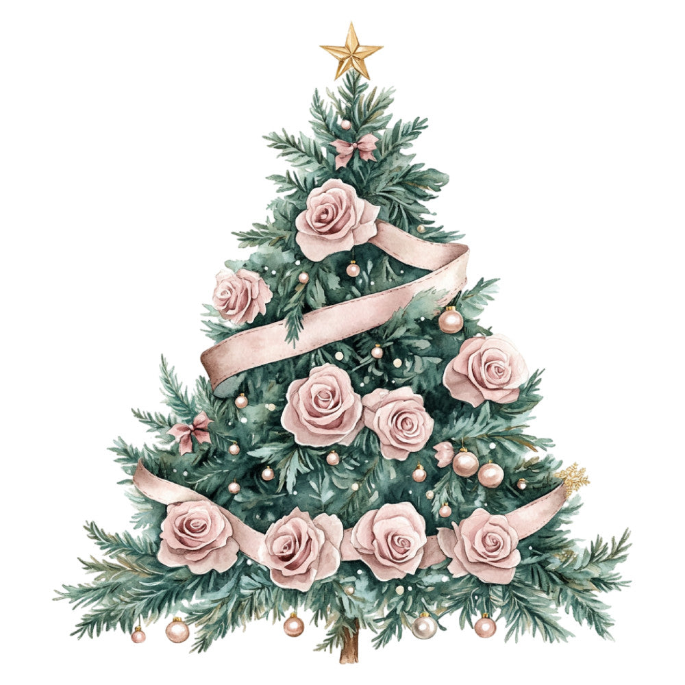 dusty rose, blush pink, sage green, forest green, gold, pearl white, christmas tree, floral, roses, ribbons, ornaments, elegant, romantic, vintage, traditional, botanical, nature, holiday, christmas, festive, decorative, sophisticated, timeless, evergreen branches, pearl beads, gold accents, star topper, formal, classic, winter