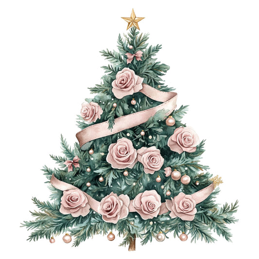 dusty rose, blush pink, sage green, forest green, gold, pearl white, christmas tree, floral, roses, ribbons, ornaments, elegant, romantic, vintage, traditional, botanical, nature, holiday, christmas, festive, decorative, sophisticated, timeless, evergreen branches, pearl beads, gold accents, star topper, formal, classic, winter