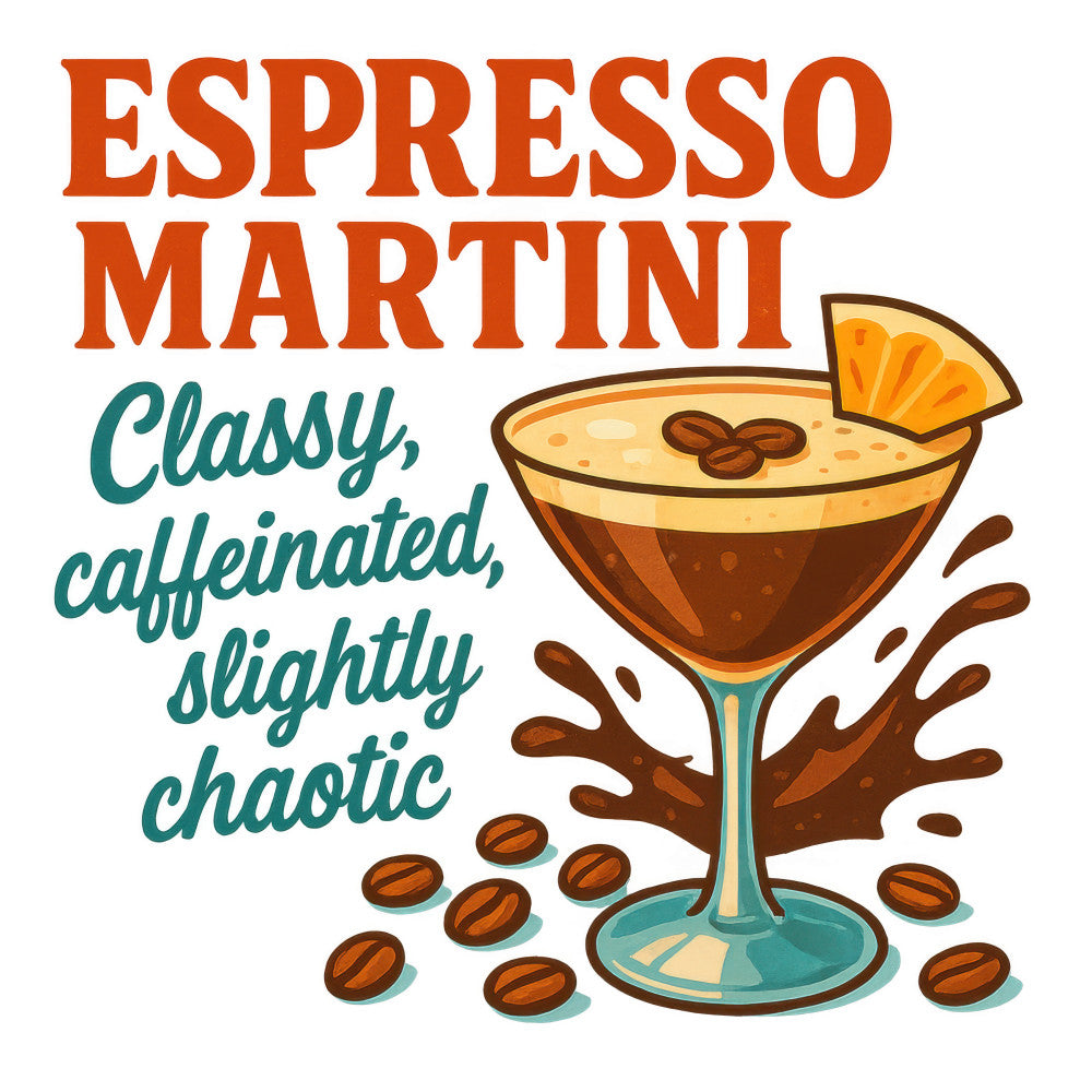 espresso martini, cocktail glass, orange slice, coffee beans, splash effect, burnt orange, teal blue, cream colored, caffeinated drink, martini glass, coffee cocktail, beverage illustration, retro style, vintage inspired, fabric panel, quilting cotton, bar theme, drink recipe, modern graphic, playful design