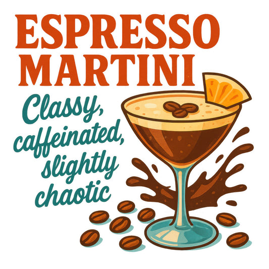 espresso martini, cocktail glass, orange slice, coffee beans, splash effect, burnt orange, teal blue, cream colored, caffeinated drink, martini glass, coffee cocktail, beverage illustration, retro style, vintage inspired, fabric panel, quilting cotton, bar theme, drink recipe, modern graphic, playful design
