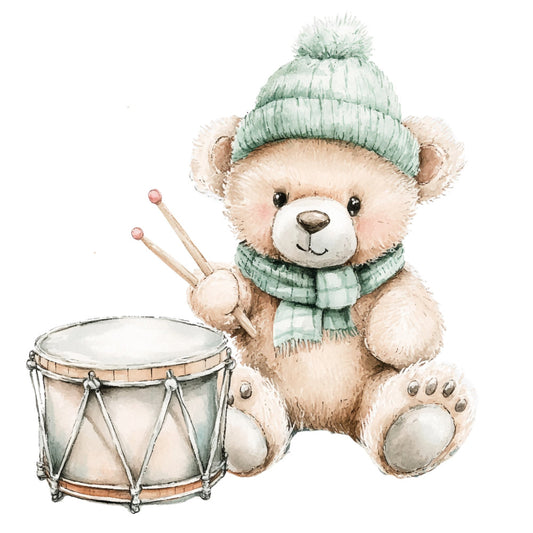 teddy bear, drum, musical instrument, sage green, cream, beige, soft pastels, whimsical, cute, children's, baby, nursery, winter, holiday, animals, toys, playful, vintage style, gentle, sweet, soft colors, mint green, ivory, warm tones, baby shower, kids quilt, wall hanging, gentle aesthetic, charming, cozy