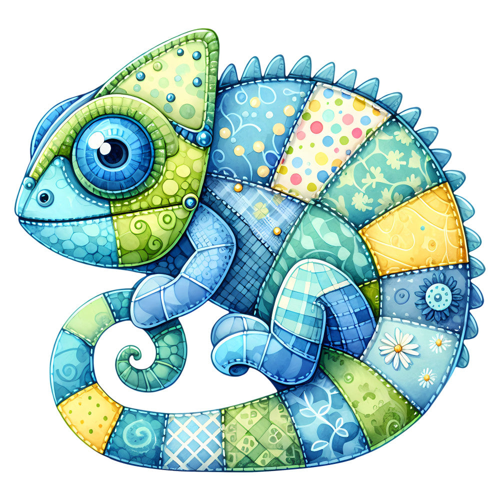 chameleon, lizard, reptile, animal, whimsical, colorful, patchwork, geometric, polka dots, florals, plaid, checkered, spotted, blue, green, yellow, turquoise, lime green, sky blue, navy blue, soft yellow, pastel colors, nature, children's, playful, modern, quirky, whimsy, stained glass, mosaic