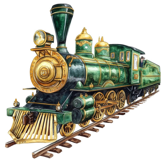 steam engine, locomotive, train, vintage train, forest green, gold, brass, emerald green, metallic gold, steampunk, vintage transportation, retro train, classic locomotive, nostalgia, victorian era, industrial, antique train, elegant, timeless, transportation theme, boys quilt, adventure theme, travel theme, machine age, old fashioned, heritage design, detailed illustration, brass accents, green and gold, whimsical