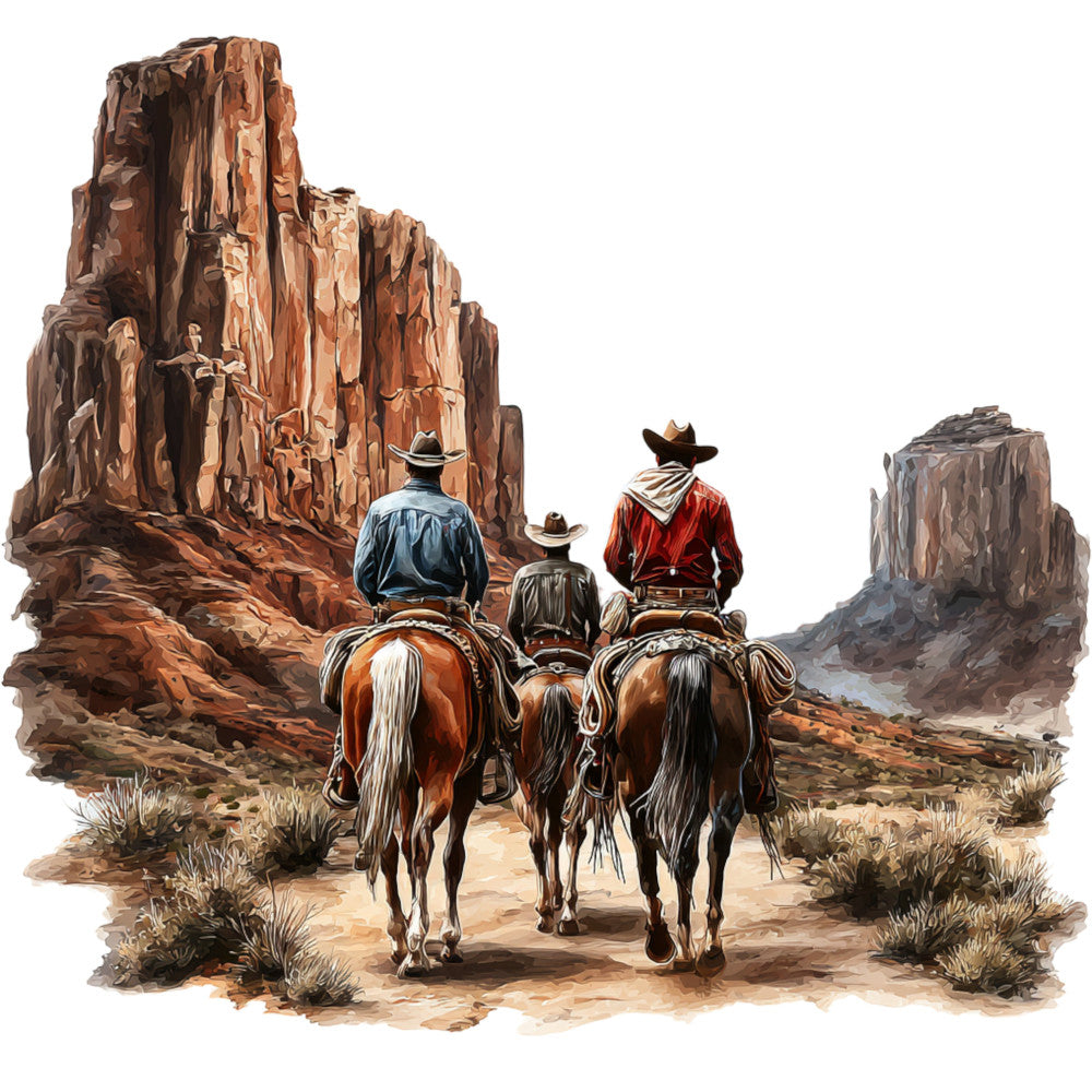 western, cowboy, desert, monument valley, southwestern, landscape, horses, riders, rustic, vintage, brown, tan, terracotta, rust, cream, blue denim, red, adventure, wild west, scenic, nature, americana, folk art, traditional, illustration, scenic panel, travel, outdoor, portrait, narrative