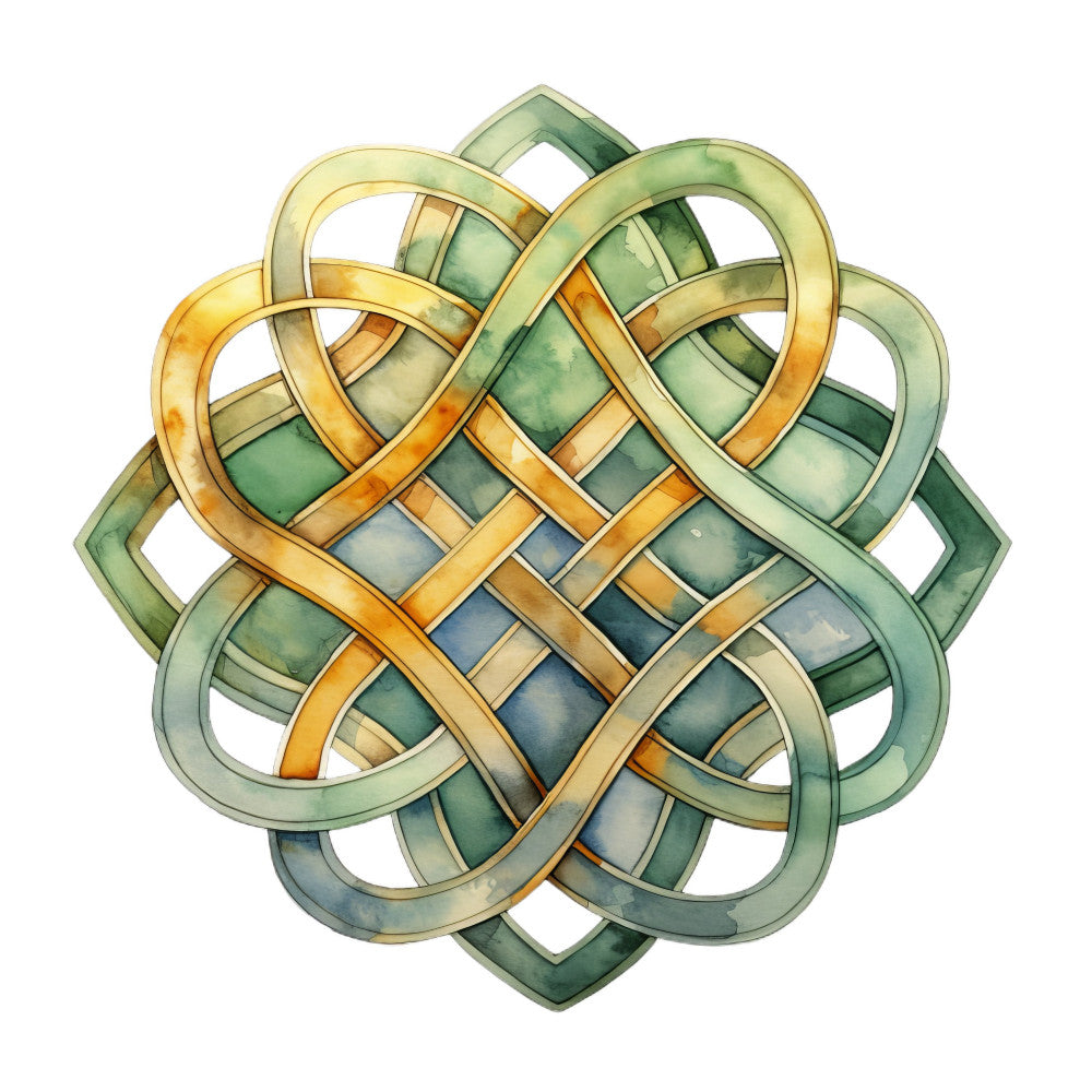celtic knot, interlocking pattern, geometric design, gold, sage green, teal blue, cream, woven, braided, traditional, celtic, knot work, elegant, decorative, symmetrical, ornamental, medieval, irish, scottish, heritage, classic, intricate, textured, dimensional, wallhanging, home decor, cultural, timeless, sophisticated