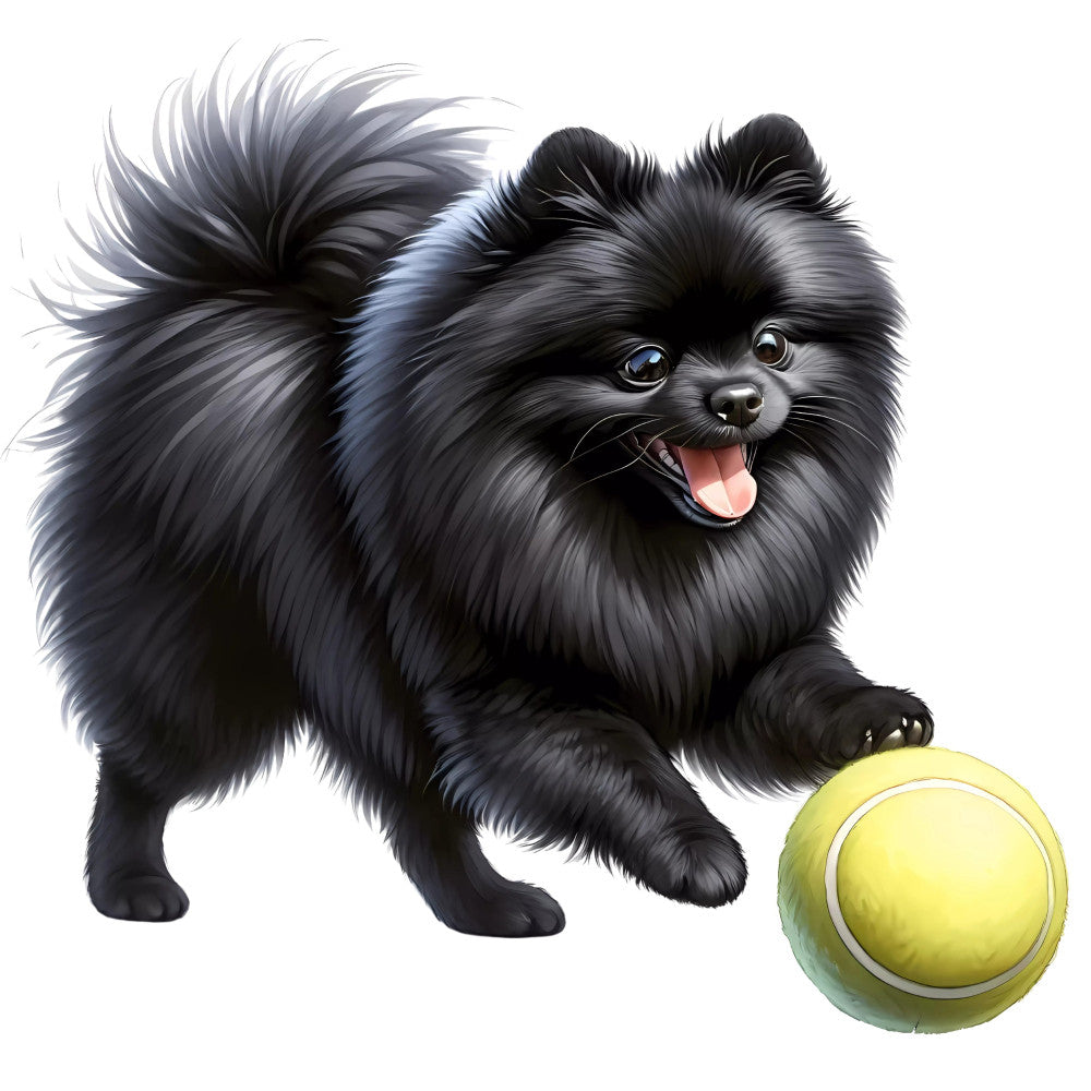 black pomeranian, fluffy dog, small dog breed, toy dog, playful puppy, yellow tennis ball, pet portrait, animal lover, dog theme, cute animals, whimsical style, black and white, bright yellow, cheerful expression, sporting theme, toy breed, companion dog, happy dog, playful pets, dog lover gift, children's fabric, pet illustration, dog sports, fetch toy, puppy theme, joyful animals, detailed realistic, modern pet art, family friendly