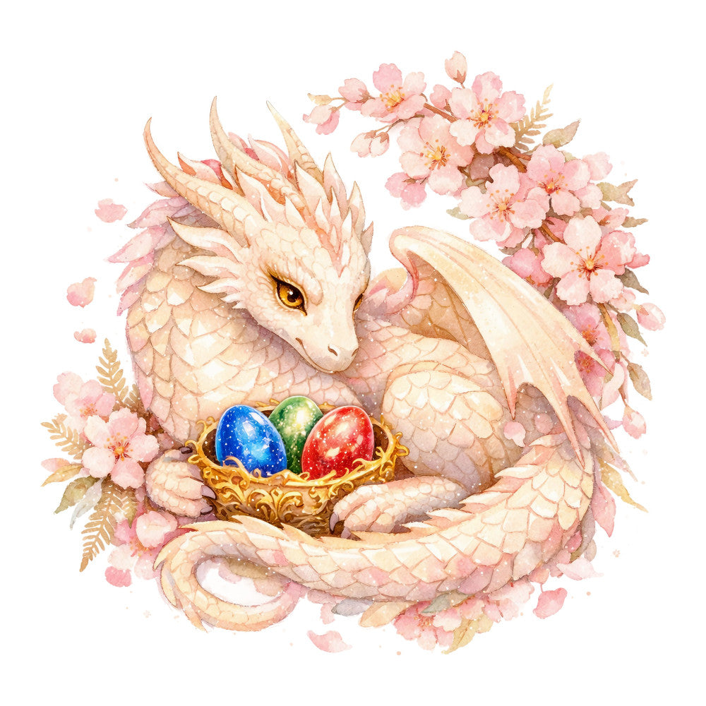 cream dragon, pale pink, dusty rose, gold accents, blush pink, soft peach, fantasy, whimsical, magical creatures, dragon, celestial gems, jeweled eggs, floral, cherry blossoms, spring, romantic, elegant, delicate, pastel colors, nature-inspired, ornamental details, gold filigree, baby quilt, nursery, wall hanging, enchanted, dreamy, botanical elements, ferns, feminine