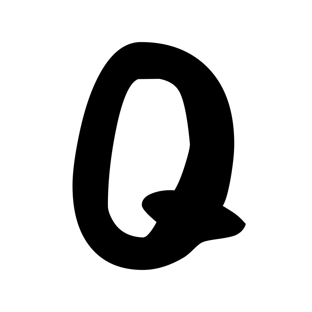 black letter, white background, alphabet design, letter q, monochrome, quilting panel, cotton fabric, craft material, sewing project, letter motif, simple design, educational theme, children's fabric, learning material, geometric shape, fabric square, diy project, handwriting style, school theme