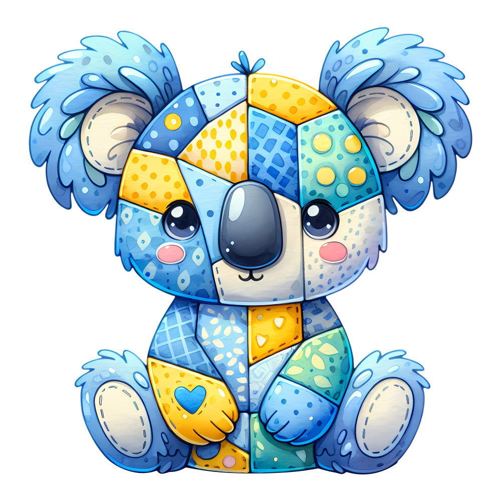 sky blue, yellow, turquoise, cream, navy blue, pastel blue, soft blue, koala, animals, whimsical, cute, patchwork, geometric, colorful, multi-colored, children's, kids, playful, modern, quilted texture, patterned sections, baby, nursery, heart motif, dots, polka dots, cheerful, friendly, stuffed animal inspired