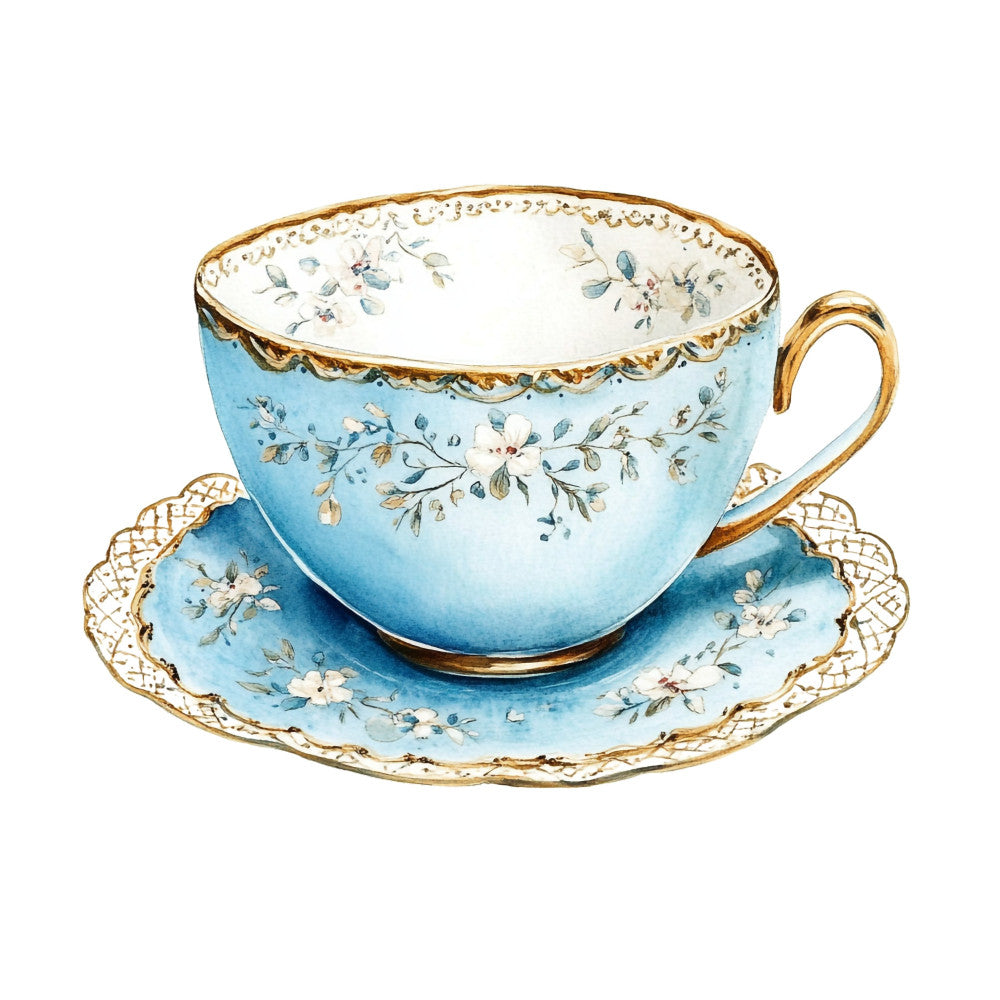 sky blue, light blue, pale blue, white, gold trim, floral, delicate flowers, vintage, elegant, botanical, spring, romantic, teacup, porcelain, traditional, shabby chic, cottage style, dainty florals, leaves, branches, feminine, ornate, decorative, classic, heritage, timeless, English garden, small print, multi-color floral