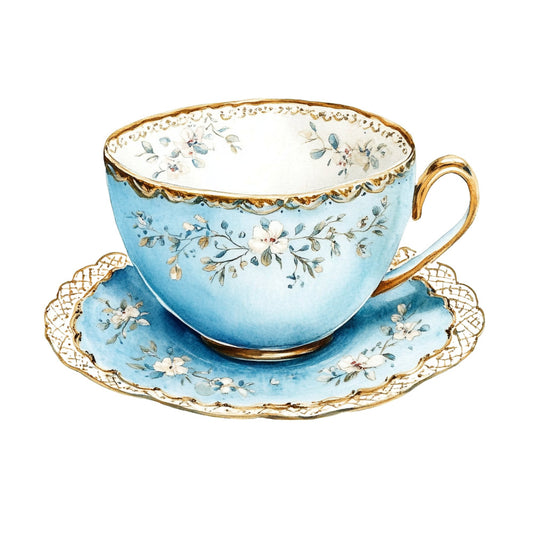 sky blue, light blue, pale blue, white, gold trim, floral, delicate flowers, vintage, elegant, botanical, spring, romantic, teacup, porcelain, traditional, shabby chic, cottage style, dainty florals, leaves, branches, feminine, ornate, decorative, classic, heritage, timeless, English garden, small print, multi-color floral