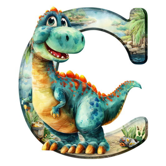 turquoise, orange, yellow, green, blue, dinosaur, stegosaurus, letter c, alphabet panel, prehistoric scene, palm trees, tropical landscape, cartoon style, friendly dinosaur, fabric panel, quilting cotton, children's fabric, nursery decor, educational theme, bright colors