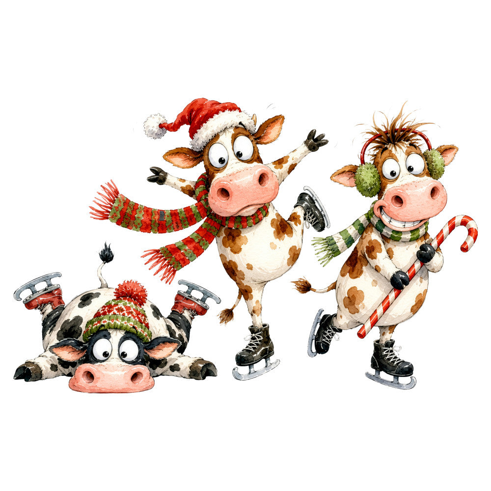 christmas, holiday, cows, farm animals, festive, whimsical, red, green, white, brown, cream, candy cane, santa hat, ice skates, winter, cheerful, playful, children, farmhouse, novelty, striped scarf, pom pom hat, cute animals, december, seasonal, decorative, fun, humorous, rustic charm