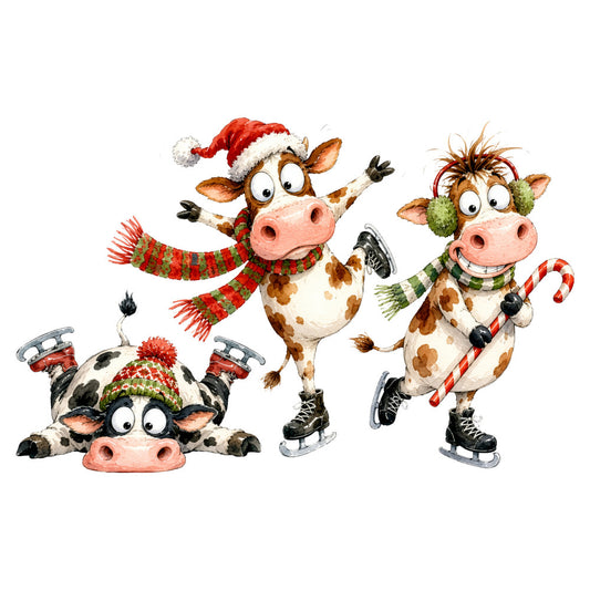 christmas, holiday, cows, farm animals, festive, whimsical, red, green, white, brown, cream, candy cane, santa hat, ice skates, winter, cheerful, playful, children, farmhouse, novelty, striped scarf, pom pom hat, cute animals, december, seasonal, decorative, fun, humorous, rustic charm