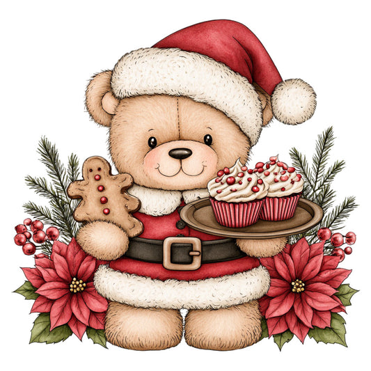 teddy bear, santa, christmas, holiday, red, cream, tan, beige, coral pink, festive, whimsical, cute, gingerbread man, cupcakes, poinsettia, evergreen, winter, seasonal, animals, bears, baking, sweets, traditional, cheerful, decorative, children's, gift, stocking stuffer, merry, jolly