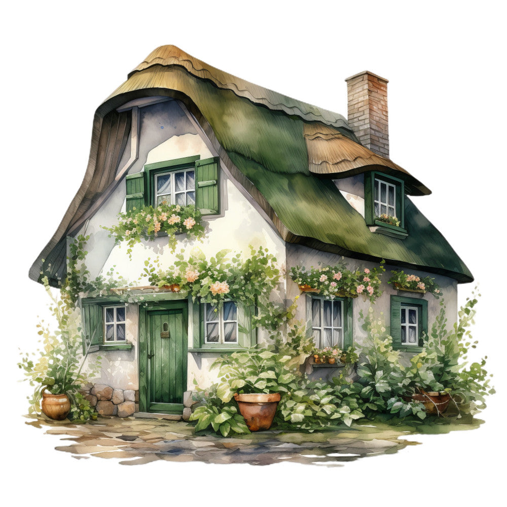 cottage core, thatched roof, fairy tale, storybook, whimsical, rustic, vintage, farmhouse, garden, nature, cream, off-white, forest green, sage green, moss green, terracotta, brick red, botanical, flowering vines, climbing roses, potted plants, english countryside, countryside charm, pastoral, traditional, cottage garden, spring, summer, peaceful, quaint