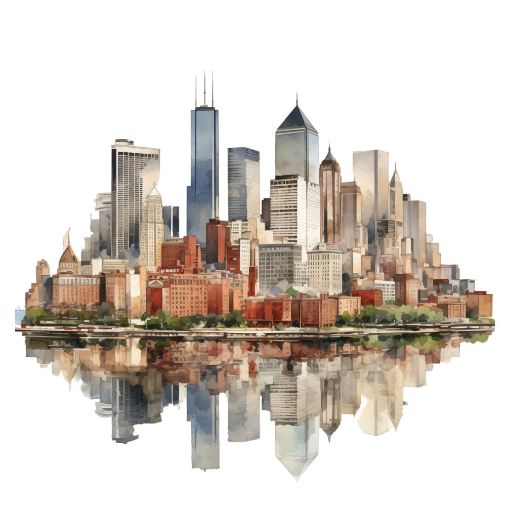 chicago skyline, cityscape, urban architecture, skyscraper, metropolitan, modern, beige, cream, tan, rust, terracotta, gray, blue-gray, sage green, reflection, water view, downtown, building motif, geometric, contemporary, travel theme, architectural, city skyline, landmark, illustration style, watercolor effect, neutral tones, wall hanging, home decor
