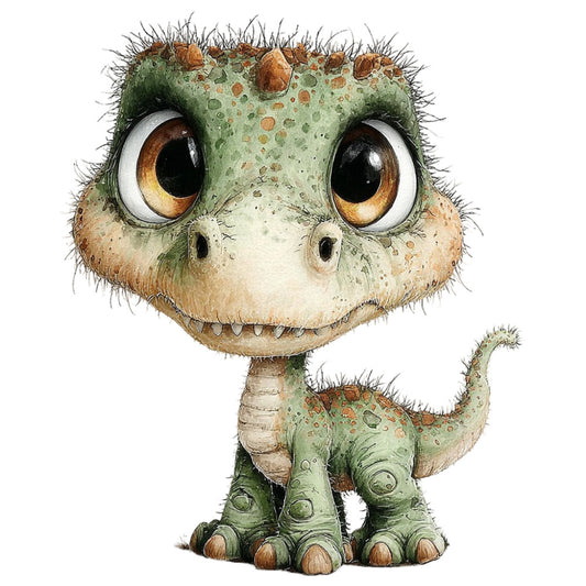 sage green, moss green, cream, tan, brown, golden yellow, whimsical, cute, adorable, dinosaur, reptile, dinosaur illustration, character, children's, kids, playful, fantasy, cartoon style, prehistoric, textured, nature-inspired, scaly, big eyes, expressive, quirky, nursery, baby, storybook, illustration art, animal character