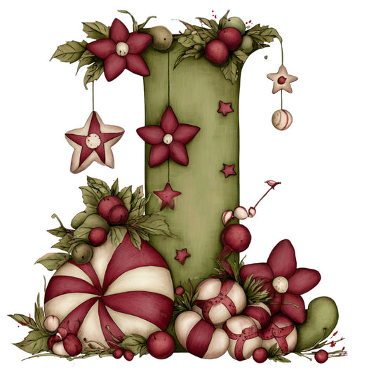 dusty rose, cream, sage green, olive green, burgundy, wine red, christmas, holiday, vintage, whimsical, rustic, floral, flowers, stars, ornaments, baubles, striped candy, peppermint, festive, decorative, traditional, botanical, leaves, berries, hanging ornaments, seasonal, winter, elegant, folk art style