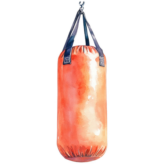 punching bag, boxing, sports, training equipment, red, orange, navy blue, cream white, gradient, ombre, watercolor, athletic, fitness, gym, action sports, sporty, realistic, illustration, hanging bag, exercise, workout, modern, casual, masculine, strength training, combat sports, sport illustration, dynamic