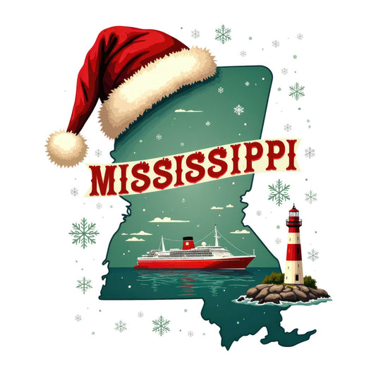 Christmas US States Fabric Panel 27 features Mississippi outline with Santa hat, ship, lighthouse, and snowflakes on premium quilting cotton.