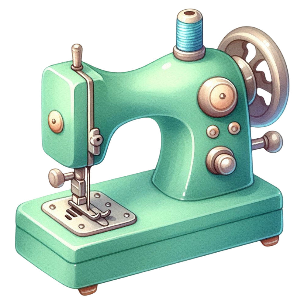 mint green, turquoise, vintage sewing machine, retro, whimsical, nostalgic, craft theme, sewing notions, mechanical, steampunk, vintage inspired, hobby, craftsmanship, detailed illustration, cottage core, mid century, decorative arts, thread spool, artistic, creative, needle and thread, artisan, diy, handmade aesthetic, teal green, soft green, illustration art, whimsy