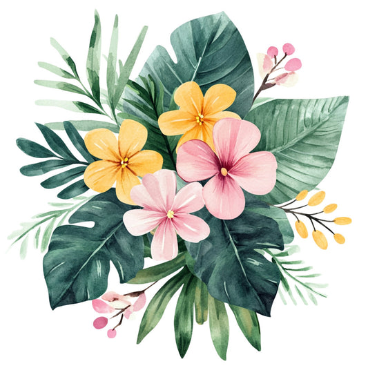 yellow flowers, pink flowers, sage green, forest green, teal green, dusty rose, light pink, watercolor floral, botanical, nature, spring, summer, whimsical, elegant, romantic, garden flowers, tropical leaves, palm leaves, hand-painted style, soft colors, pastel, delicate flowers, leaf motifs, berry sprigs, modern botanical, feminine, decorative panel, home decor, table runner, wall art
