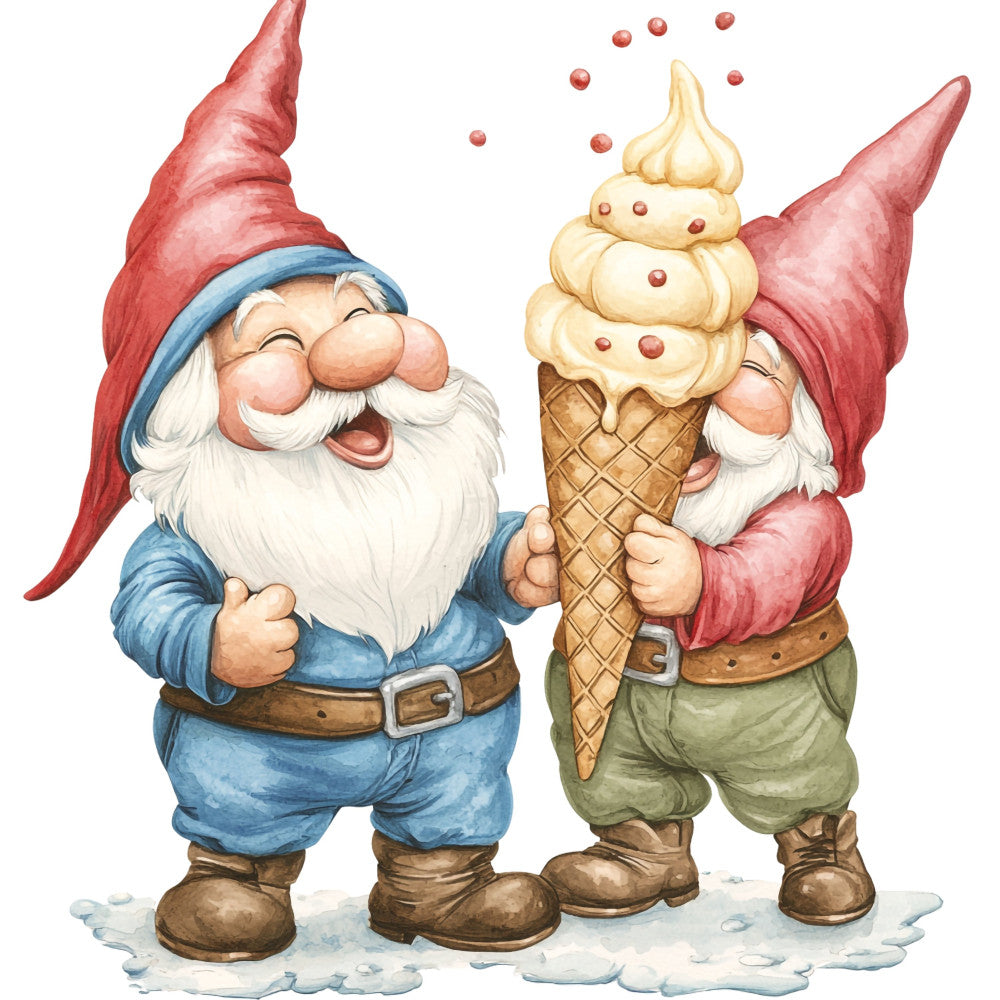 garden gnome, gnome, ice cream cone, whimsical, red hat, blue clothing, green pants, cream white, brown boots, holiday, christmas, winter, vintage, folk art, storybook, children, playful, cheerful, dessert, food theme, fantasy, magical, decorated, festive, nostalgic, traditional, charming, illustrated, character design