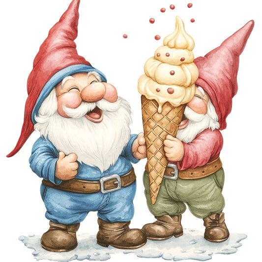 garden gnome, gnome, ice cream cone, whimsical, red hat, blue clothing, green pants, cream white, brown boots, holiday, christmas, winter, vintage, folk art, storybook, children, playful, cheerful, dessert, food theme, fantasy, magical, decorated, festive, nostalgic, traditional, charming, illustrated, character design