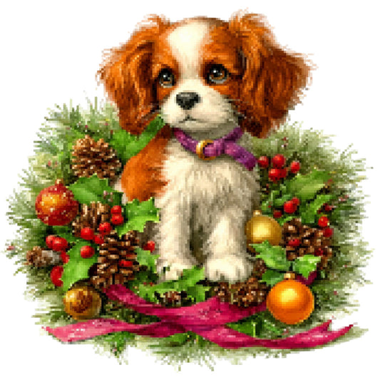 puppy, cavalier king charles spaniel, dog, brown and white, cream, forest green, red berries, gold ornaments, purple ribbon, holiday, christmas, festive, whimsical, cute, pet themed, animals, evergreen, pinecones, winter, seasonal, decorative, charming, playful, victorian style, traditional, nature inspired, vibrant colors, greeting card style, children's theme