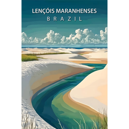 teal, turquoise, white, beige, sand, emerald green, travel poster, brazil landscape, coastal scene, sand dunes, ocean waves, tropical beach, vintage poster style, fabric panel, quilting cotton, scenic vista, south american, lagoon, white sand, puffy clouds, serene mood, nature landscape