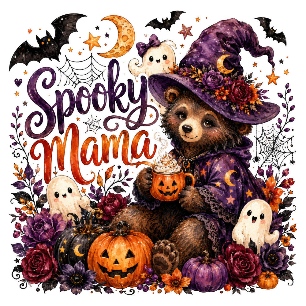 spooky mama, halloween, autumn, fall, witch, bear, animal, celestial, moon, stars, purple, orange, black, cream, floral, roses, pumpkins, jack-o-lantern, ghosts, bats, spider web, whimsical, festive, seasonal, holiday, decorative, wall hanging, home decor, dark purple, burnt orange