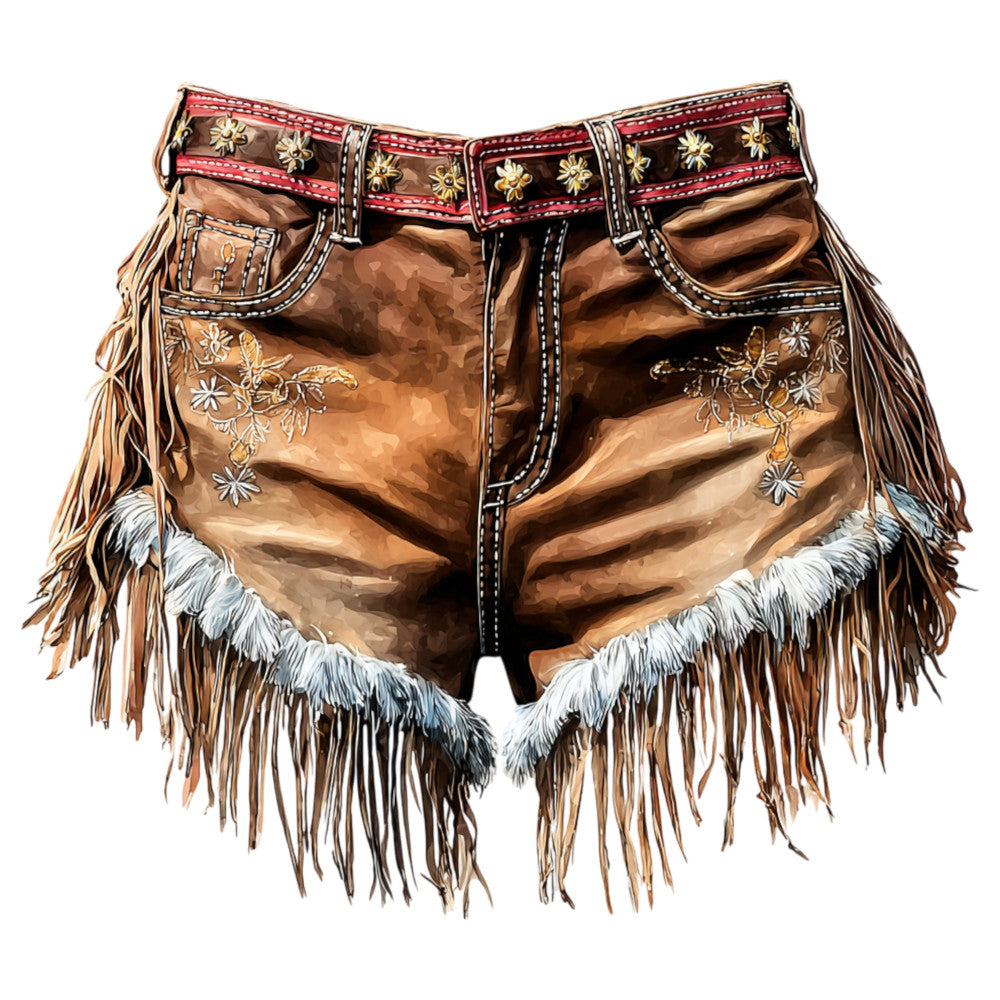 brown leather, tan suede, cream, white fur, embroidered flowers, floral embroidery, western, cowboy, alpine, bavarian, traditional, rustic, leather shorts, dirndl, folk costume, ethnic, cultural, ornamental stitching, fringe trim, decorative belt, gold embroidery, red plaid trim, harvest, traditional costume, bohemian, vintage inspired, leather texture, contrasting trim, folk art