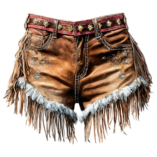 brown leather, tan suede, cream, white fur, embroidered flowers, floral embroidery, western, cowboy, alpine, bavarian, traditional, rustic, leather shorts, dirndl, folk costume, ethnic, cultural, ornamental stitching, fringe trim, decorative belt, gold embroidery, red plaid trim, harvest, traditional costume, bohemian, vintage inspired, leather texture, contrasting trim, folk art