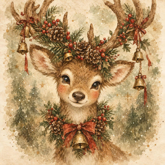 deer, reindeer, christmas, holiday, woodland, forest, vintage, rustic, whimsical, nostalgic, cream, beige, tan, brown, rust red, deep red, forest green, sage green, gold, bronze, floral, nature, animals, wildlife, festive, decorative bells, pine cones, holly berries, evergreen branches, bows