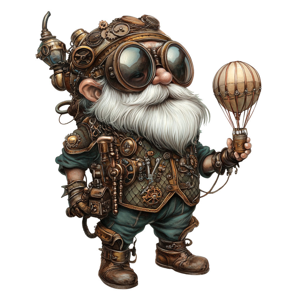 steampunk gnome, bronze, copper, brass, goggles, white beard, hot air balloon, mechanical gears, victorian fantasy, fabric panel, quilting cotton, clockwork, aviator, industrial, teal green, brown leather, vintage machinery, whimsical character, steampunk accessories, fantasy creature