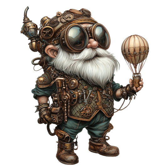 steampunk gnome, bronze, copper, brass, goggles, white beard, hot air balloon, mechanical gears, victorian fantasy, fabric panel, quilting cotton, clockwork, aviator, industrial, teal green, brown leather, vintage machinery, whimsical character, steampunk accessories, fantasy creature