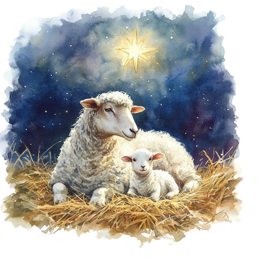 nativity, christmas, shepherd, lamb, sheep, starry night, star of bethlehem, religious, celestial, winter, holy, peaceful, cream, ivory, navy blue, gold, midnight blue, watercolor, whimsical, farmhouse, rustic, gentle, baby animals, mother and child, nativity scene, starlight, golden star, soft colors, traditional, spiritual