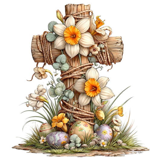 cross, daffodils, easter eggs, wooden cross, rope details, cream petals, orange centers, eucalyptus leaves, fabric panel, spring flowers, religious symbol, pastel colors, weathered wood, floral arrangement, quilting cotton, easter theme, botanical design, rustic style, sage green, watercolor effect
