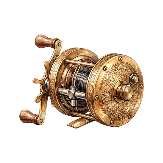 bronze, copper, gold, brass, metallic, vintage, steampunk, industrial, mechanical, gears, fishing reel, nautical, seaside, retro, antique, ornate, decorative, engraved, scrollwork, Victorian, elegant, timeless, masculine, adventure, classic, heritage, traditional, coastal, heritage crafts